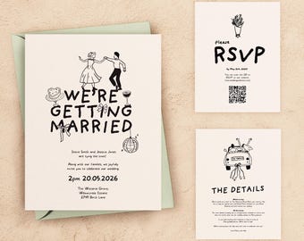 Illustrierte Hochzeitseinladung: Illustriertes Tanzpaar Design (Digitaler Download)
