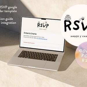 Puede incluir: Un port&aacute;til que muestra una plantilla de encabezado de Google Form con el texto RSVP Amber & Charlie. La pantalla muestra detalles del evento, incluyendo direcci&oacute;n e informaci&oacute;n de contacto. Dos gr&aacute;ficos circulares presentan el texto RSVP.