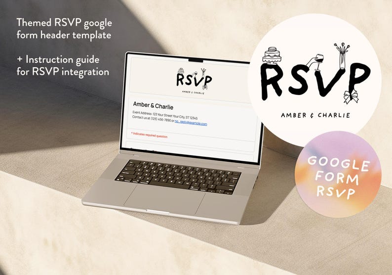 Puede incluir: Un port&aacute;til que muestra una plantilla de encabezado de Google Form con el texto RSVP Amber & Charlie. La pantalla muestra detalles del evento, incluyendo direcci&oacute;n e informaci&oacute;n de contacto. Dos gr&aacute;ficos circulares presentan el texto RSVP.