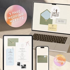 Puede incluir: Diseño de sitio web de boda digital que se muestra en una computadora portátil, tableta y teléfono inteligente. El diseño incluye detalles de la invitación, itinerario y un gráfico "We're Getting Married". El diseño está etiquetado como "3 Page Wedding Website" y "Easy Edit Canva".