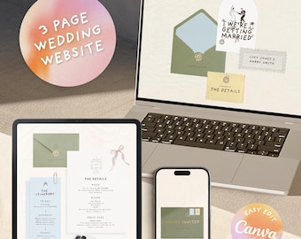 Sage Green Wedding Website Template - 3 Page Digital Paperless Invitation + RSVP (Canva)