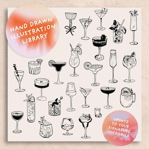 K&ouml;nnte beinhalten: Eine Sammlung von 20 handgezeichneten Illustrationen von Cocktails und Mixgetr&auml;nken. Die Illustrationen sind in Schwarzwei&szlig; gehalten und zeigen verschiedene Glasstile, Garnituren und Eis. Der Text "HAND DRAWN ILLUSTRATION LIBRARY" und "UPDATE TO YOUR SIGNATURE COCKTAILS" ist ebenfalls im Bild enthalten.