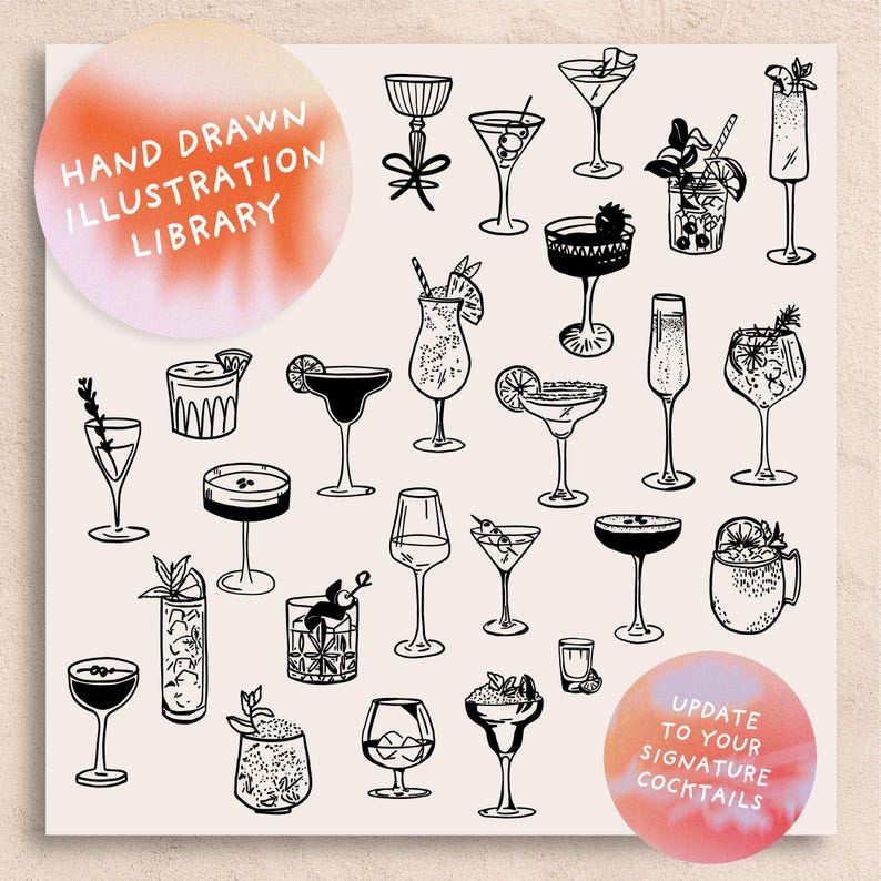 K&ouml;nnte beinhalten: Eine Sammlung von 20 handgezeichneten Illustrationen von Cocktails und Mixgetr&auml;nken. Die Illustrationen sind in Schwarzwei&szlig; gehalten und zeigen verschiedene Glasstile, Garnituren und Eis. Der Text "HAND DRAWN ILLUSTRATION LIBRARY" und "UPDATE TO YOUR SIGNATURE COCKTAILS" ist ebenfalls im Bild enthalten.