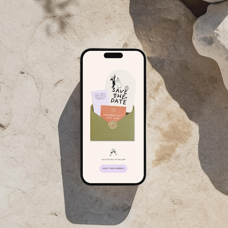 May include: A smartphone displays a wedding invitation design. The screen shows a green envelope with "SAVE THE DATE" text and a couple illustration. Inside are cards with text like "Saturday 30th July 2026". Below are text prompts "INVITATION TO FOLLOW" and "SEND YOUR ADDRESS".