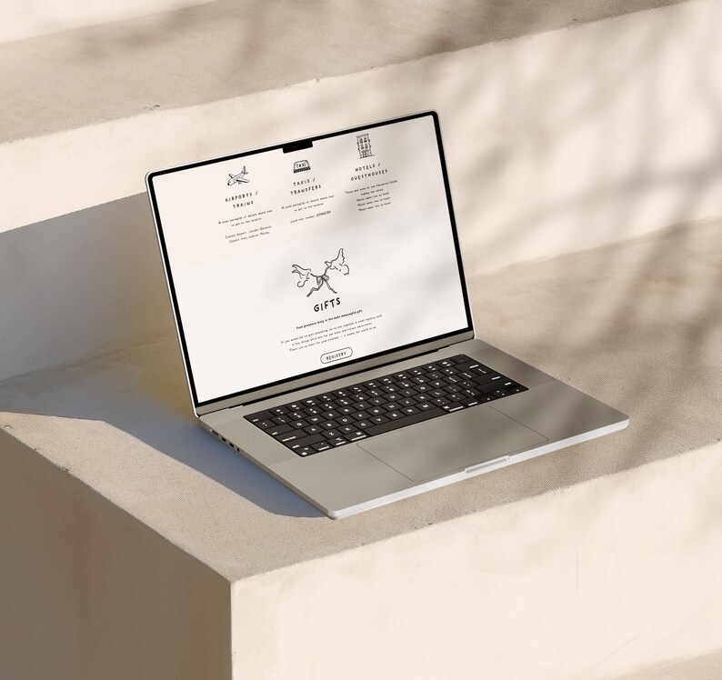 Puede incluir: Un port&aacute;til plateado con teclado negro que muestra una interfaz web. La pantalla presenta texto que incluye AIRPORTS / TRAVEL, TAXI / TRANSFERS, HOTELS / GUESTHOUSES y GIFTS, acompa&ntilde;ado de iconos de l&iacute;nea de un avi&oacute;n, un coche, un edificio y dos p&aacute;jaros.