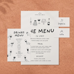 Zestaw szablonów MENU NAPOJÓW + JEDZENIA + wizytówek | Dekoracje stołów weselnych | Zabawne rysunki rysowane ręcznie | Kolacja okolicznościowa | Unikalne rysunki
