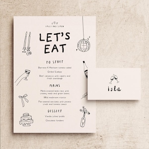MENÚ + TARJETAS DE LUGAR / Decoración de mesa imprimible / Tarjeta de presentación ilustrada con dibujos divertidos a mano / Cena para evento / Dibujos únicos