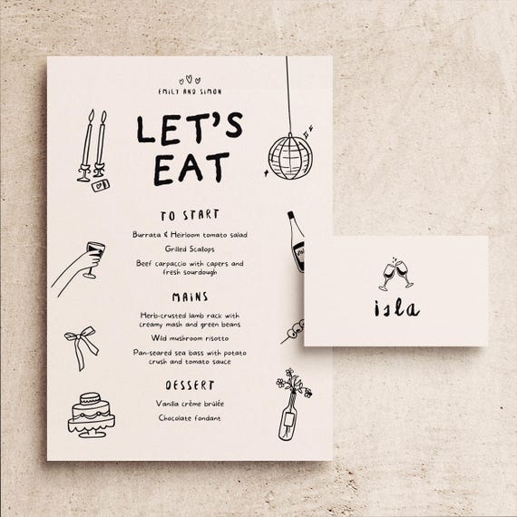 Illustrated Menu + Place Cards Template | Hand-Drawn Printable Wedding or Birthday Party Table Decor