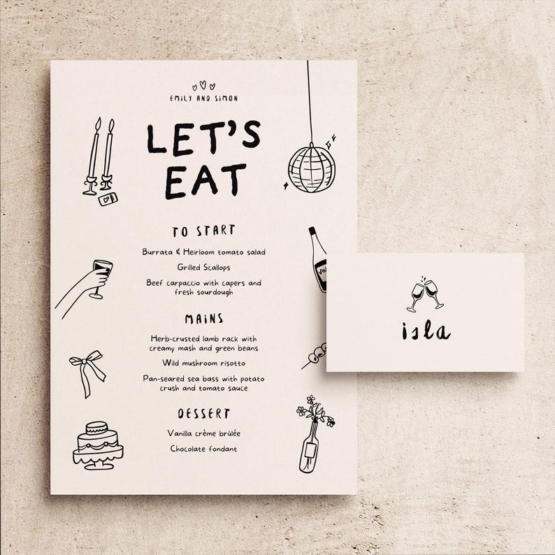 Menú ilustrado + Plantilla de tarjetas de mesa / Decoración de mesa imprimible dibujada a mano para bodas o fiestas de cumpleaños imagen 1