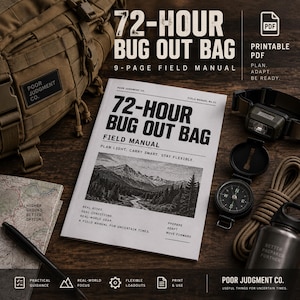 Puede incluir: Un manual de campo de 9 páginas titulado 72-Hour Bug Out Bag con una ilustración de paisaje montañoso, acompañado de una mochila táctica color canela, una linterna frontal negra, una brújula, una cuerda, una botella y un mapa.