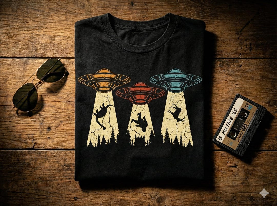 Funny Alien Abduction T-shirt Design | Bigfoot, Dinosaur & Deer ...