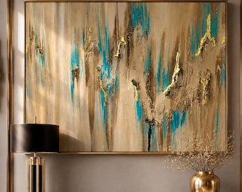Originele abstracte kustkunst | Beige turkooizen textuurschilderij | Canvas met bladgoud | 3D-textuur muurkunst