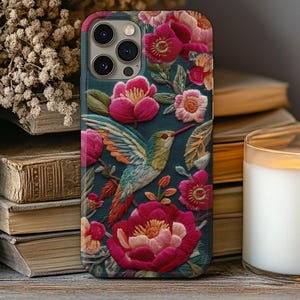 Embroidery-Inspired Hummingbird Phone Case – Floral Tough Case for iPhone & Samsung – Gift for Nature Lover, Gardener Phone Case Gift