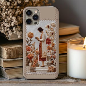 Etui na telefon Flower Garden z czytnikiem w stylu haftu – Cottagecore Aesthetic na iPhone'a i Samsunga | Prezent dla miłośnika książek | Prezent dla haftującego