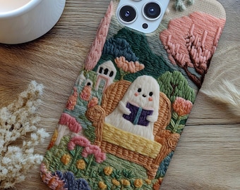 Spring Flowers Reading Ghost Garden tough phone case | iPhone case, whimsical faux embroidered forest design