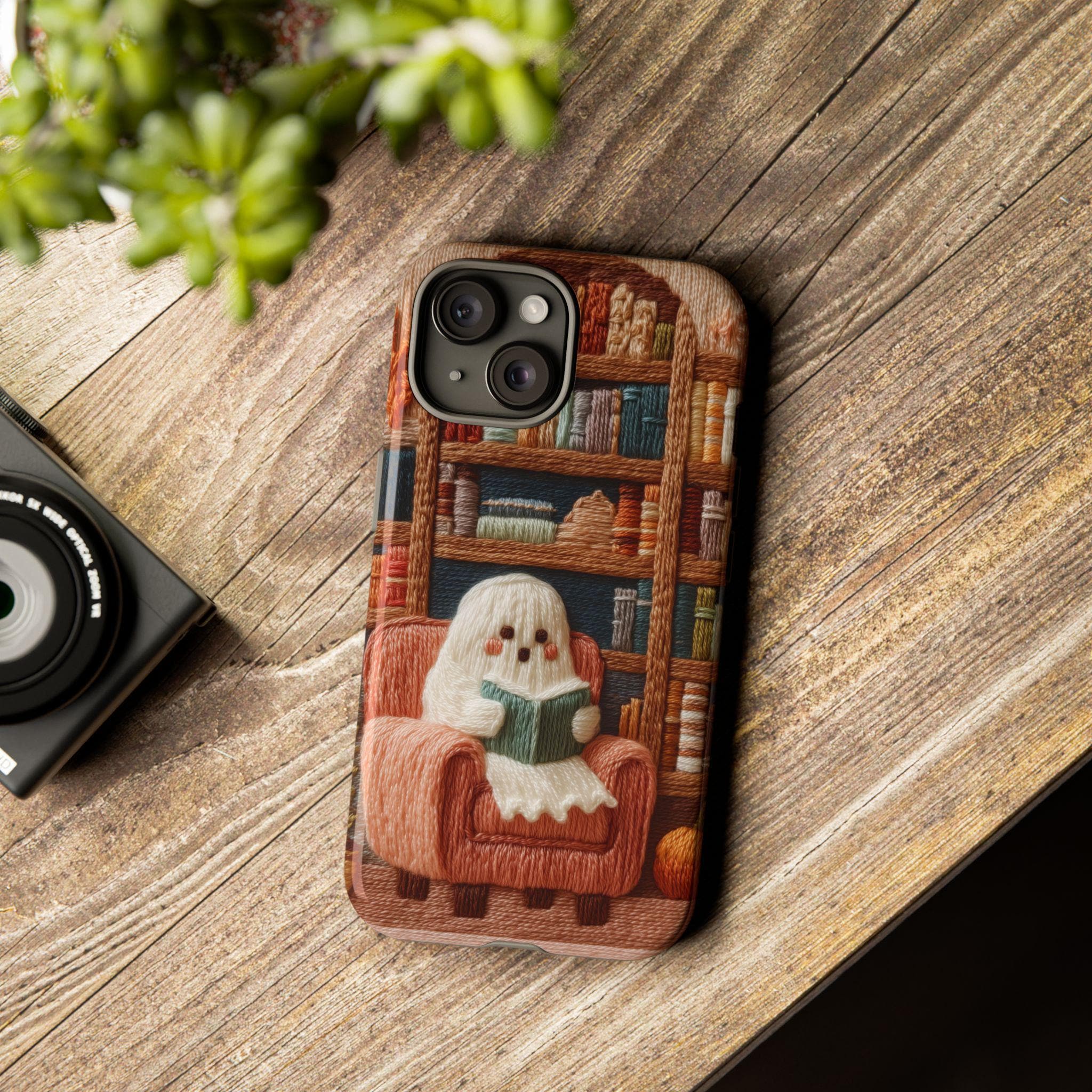 Cozy Ghost Reader Phone Case – Embroidered Look Tough Case for Book Lovers | Cute Halloween Autumn Aesthetic | iPhone & Samsung Case