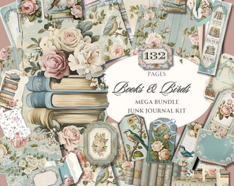 Books & Blooms Junk Journal Kit: Book Lover and Bird Ephemera (Digital Download)