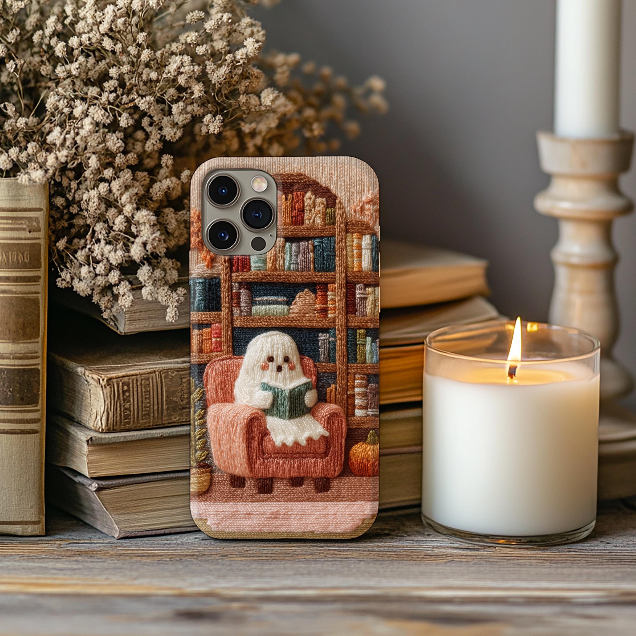 Cozy Ghost Reader Phone Case – Embroidered Look Tough Case for Book Lovers | Cute Halloween Autumn Aesthetic | iPhone & Samsung Case