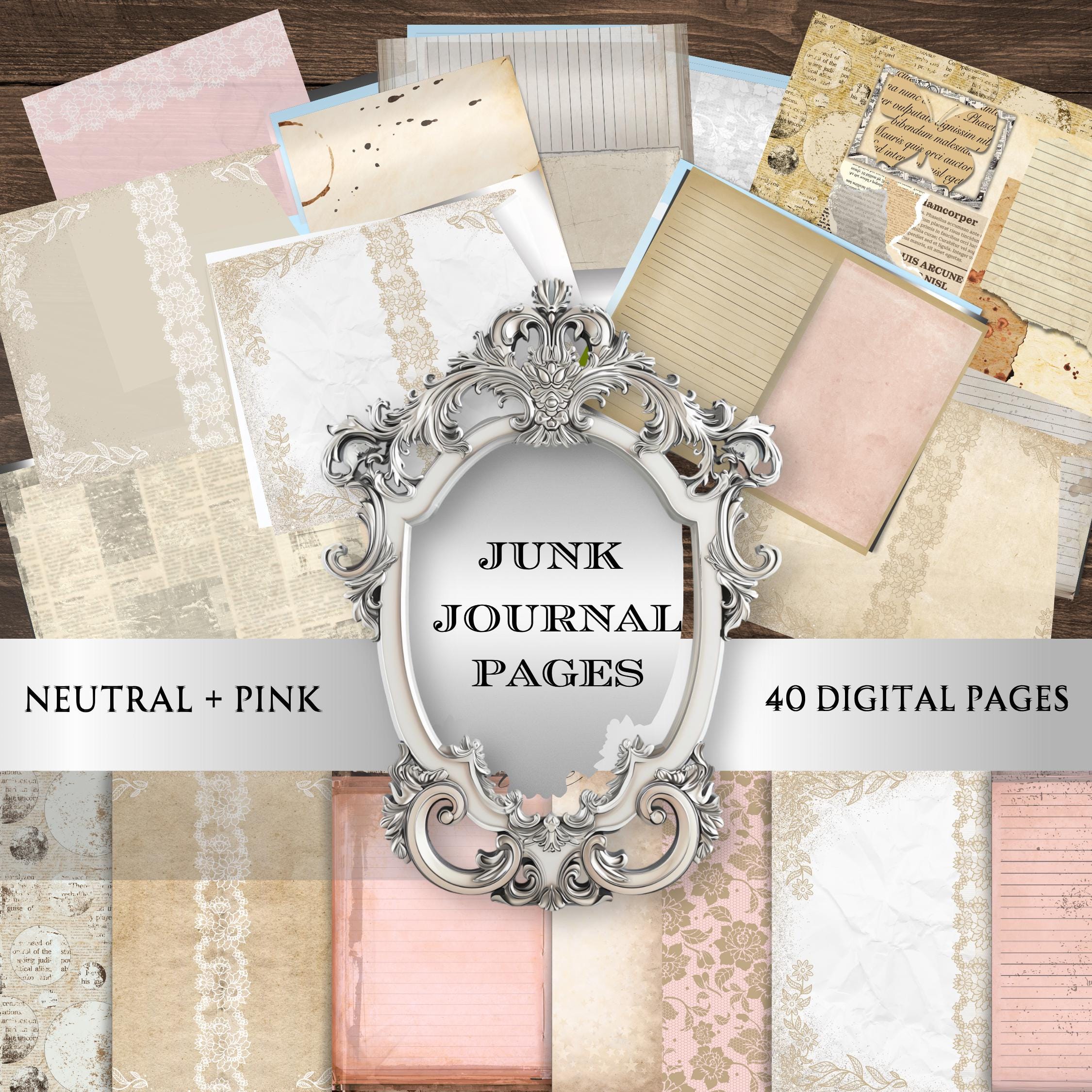 Pink & Neutral Junk Journal Filler Papers: Versatile Design Pages (Digital Download, 40 PNGs)