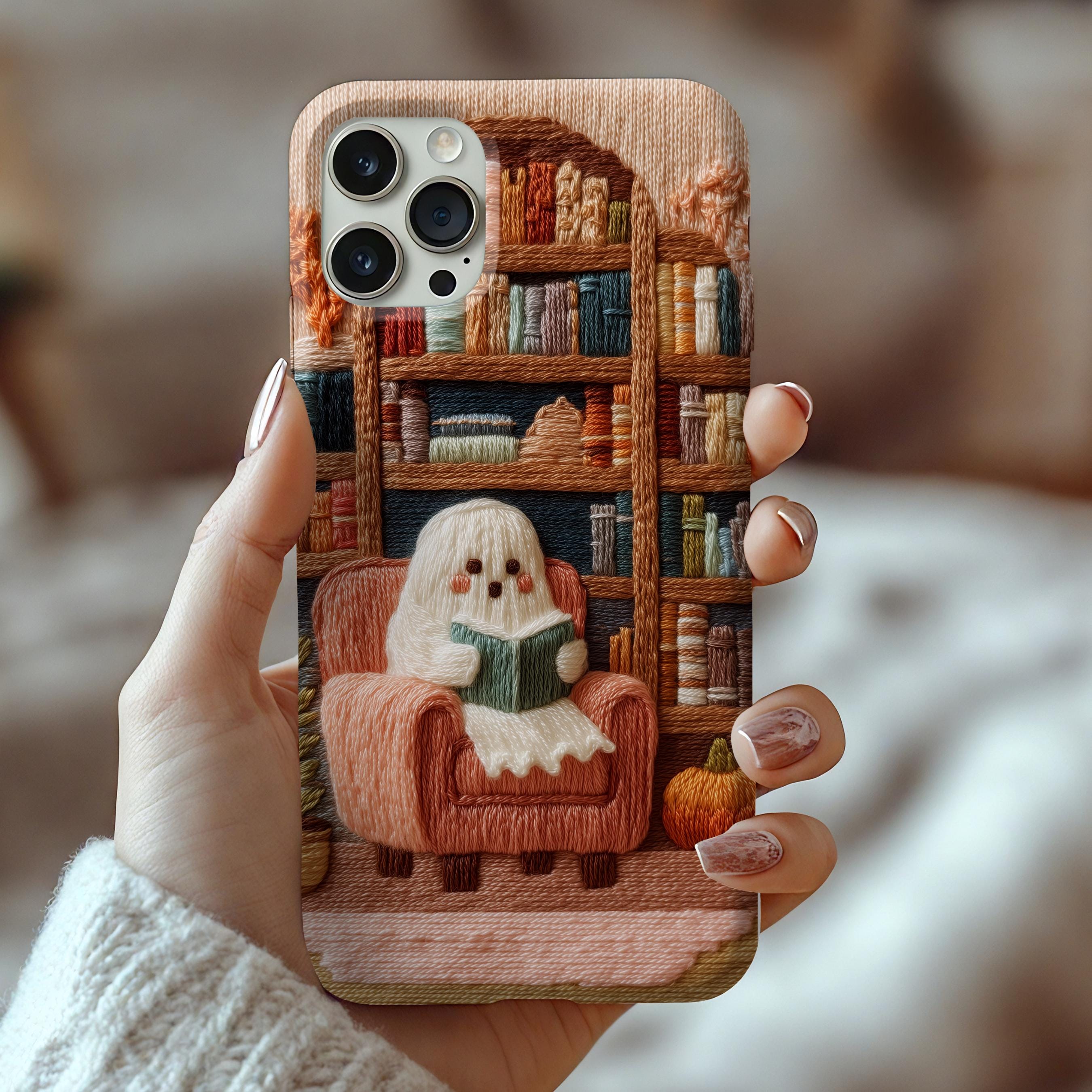 Cozy Ghost Reader Phone Case – Embroidered Look Tough Case for Book Lovers | Cute Halloween Autumn Aesthetic | iPhone & Samsung Case