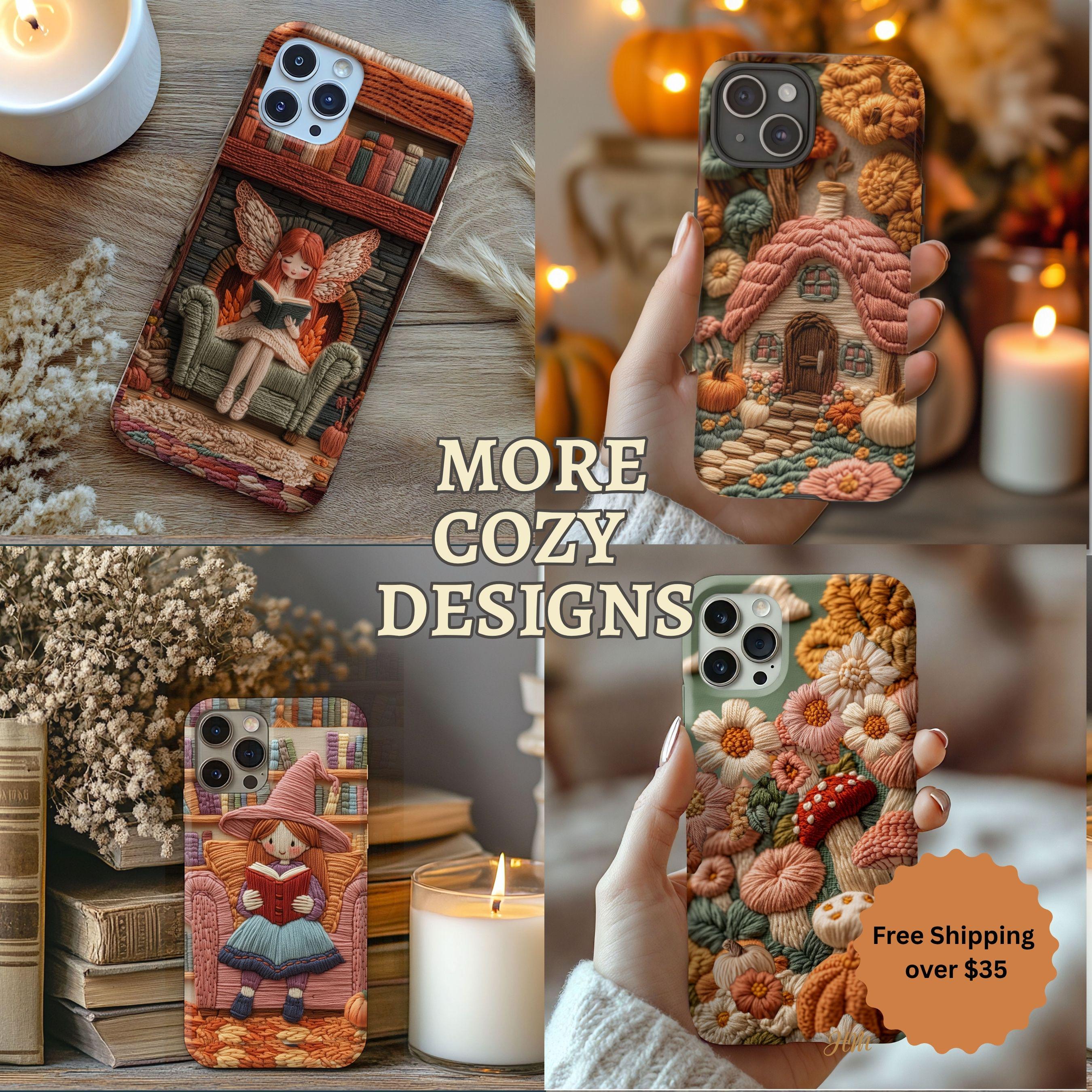 Cozy Ghost Reader Phone Case – Embroidered Look Tough Case for Book Lovers | Cute Halloween Autumn Aesthetic | iPhone & Samsung Case