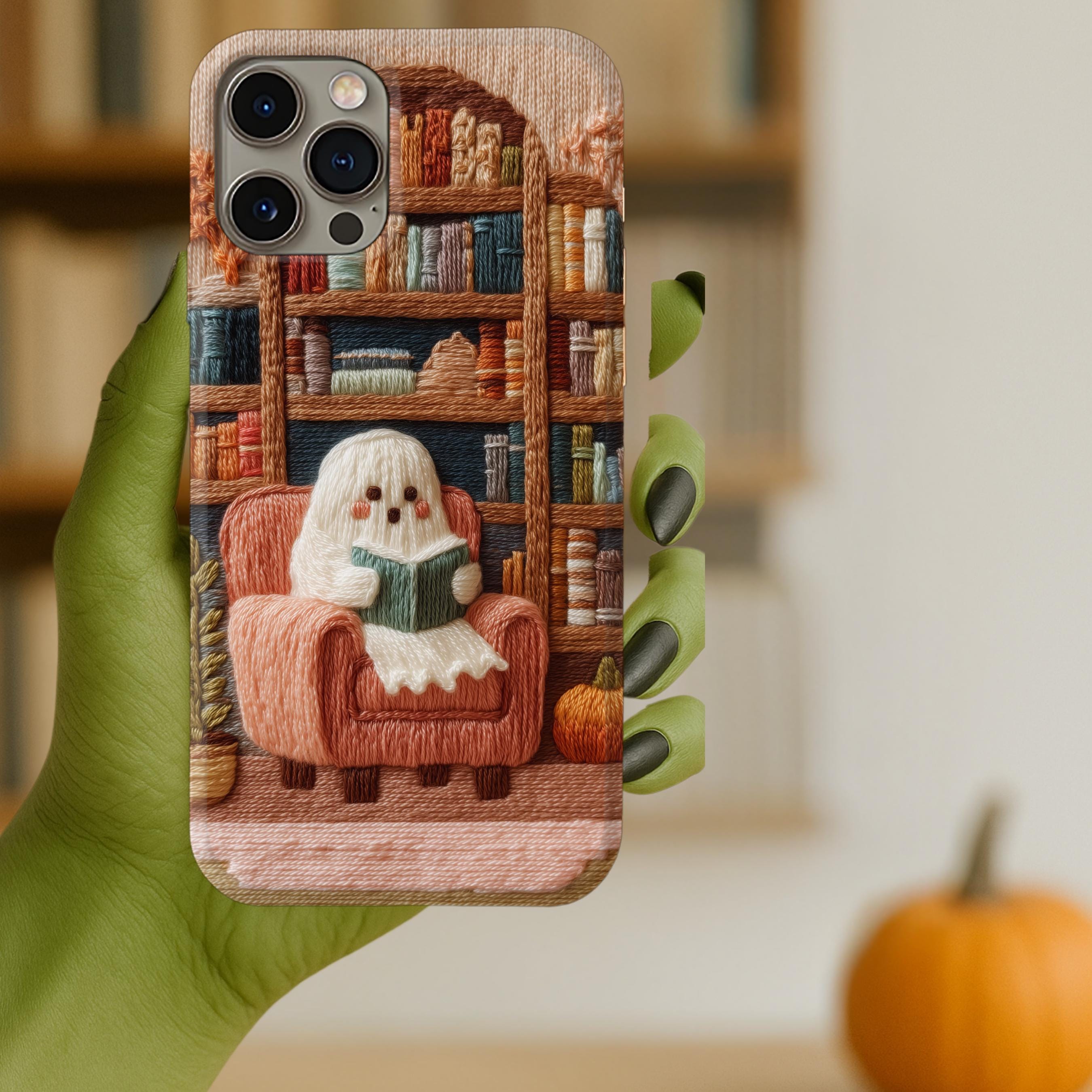 Cozy Ghost Reader Phone Case – Embroidered Look Tough Case for Book Lovers | Cute Halloween Autumn Aesthetic | iPhone & Samsung Case