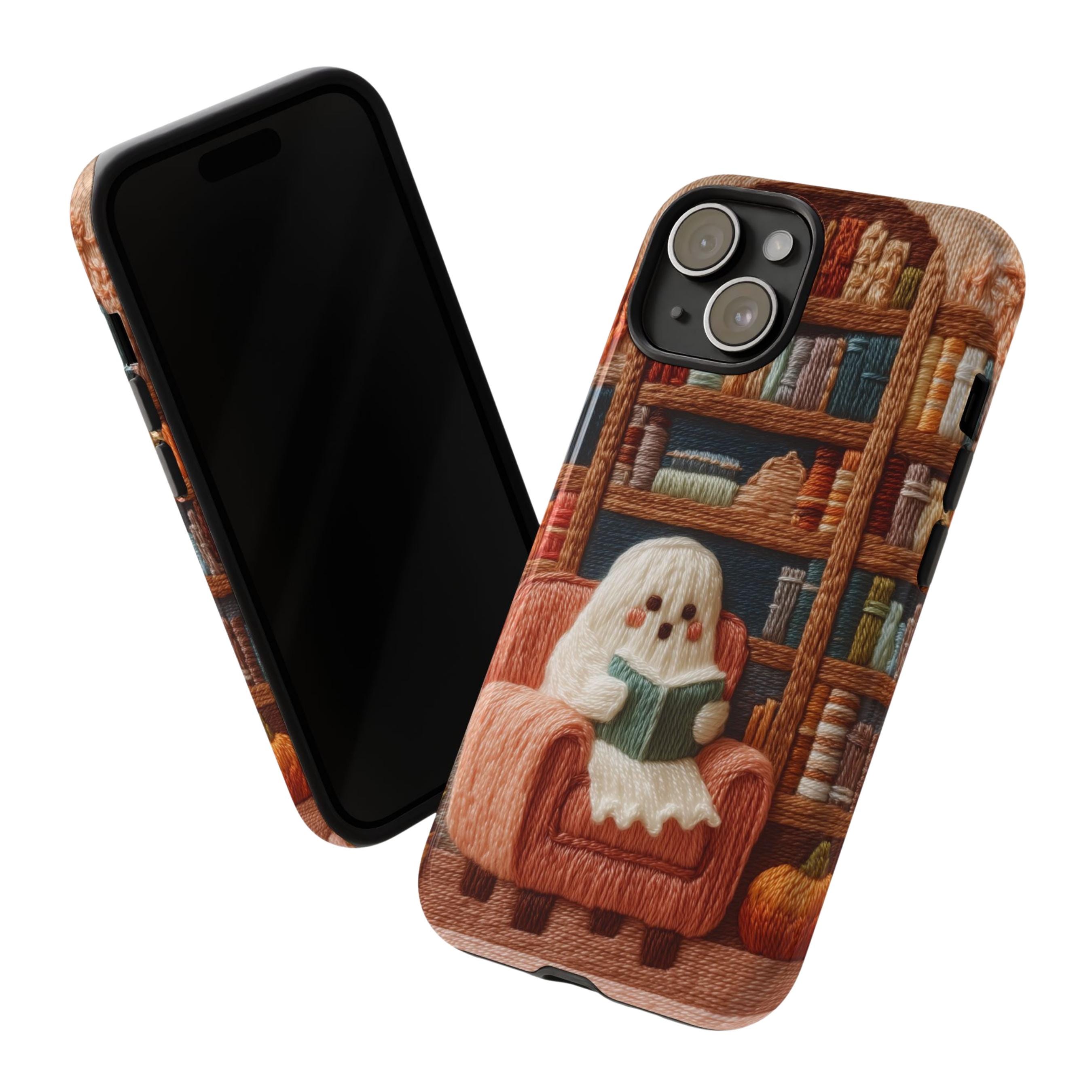 Cozy Ghost Reader Phone Case – Embroidered Look Tough Case for Book Lovers | Cute Halloween Autumn Aesthetic | iPhone & Samsung Case
