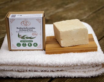 Natural Handmade Bar Soap with Coconut, Olive, Sunflower Oils, Eucalyptus Essential Oil and Leaves – Organic, Moisturizing & Gentle Skincare