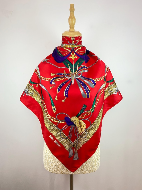 Vintage Felix Biihler Silk Scarf Red Colour Multicolour Women Accessories Square Scarf Top Neckerchief Wrap Shawl Neckwear Foulards