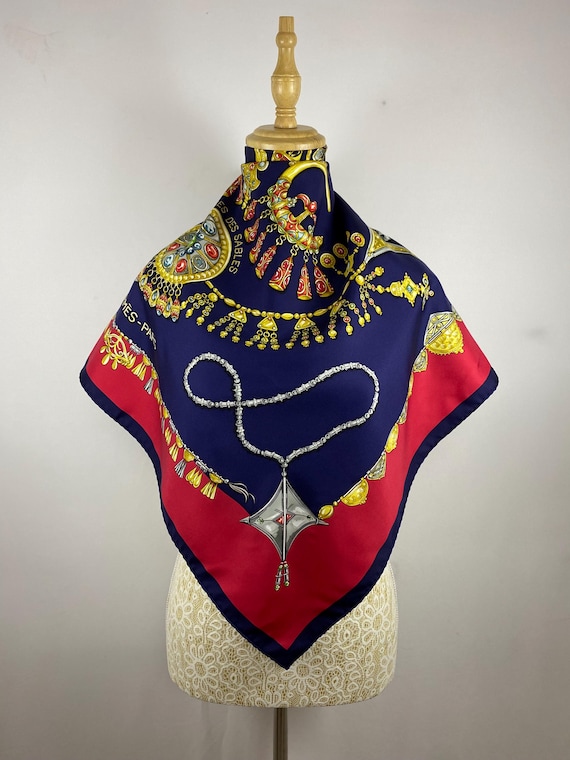 Vintage Hermes Parures des Sables Scarf By Laurence Thioune, Rare Blue Red Ethnic Jewelry Motif Silk Twill Square Scarf Shawl Accesories