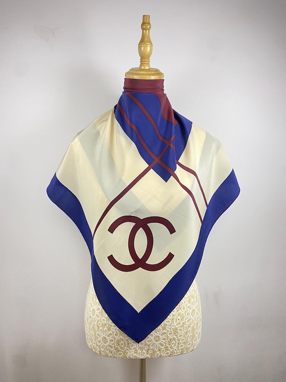 Vintage Chanel Silk Scarf Small Logo Print Head Scarf Women