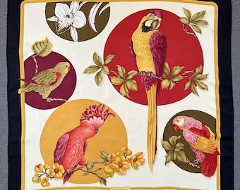 Vintage Salvatore Ferragamo Silk Scarf Floral Parrot Print Women Accessories Square Scarf Top Neckerchief Wrap Shawl Neckwear Foulards