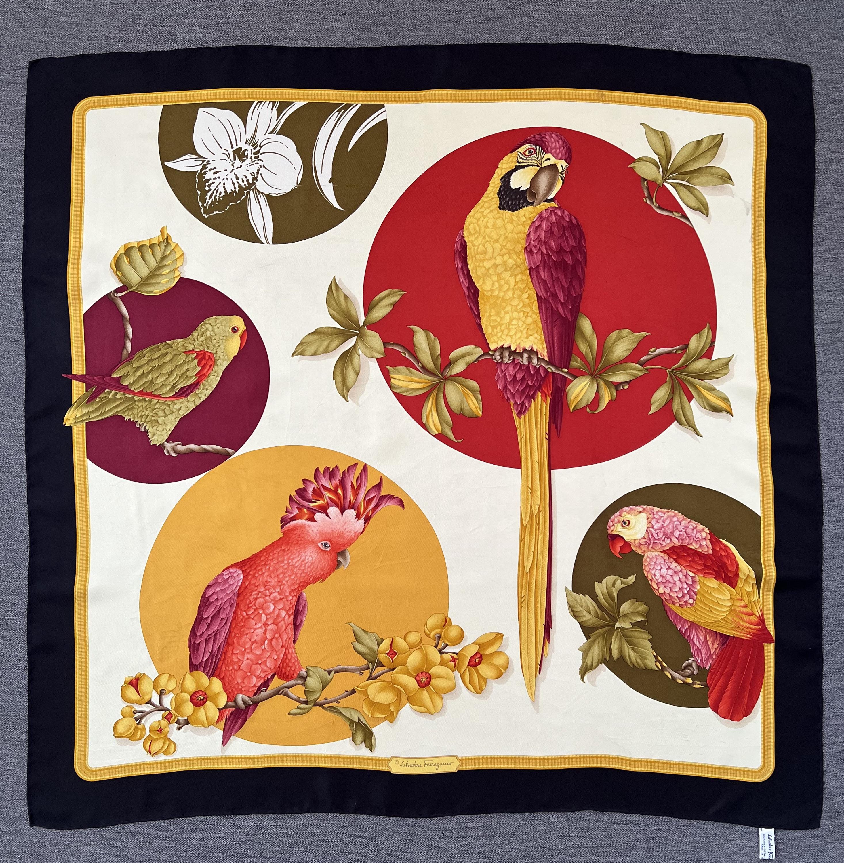 Vintage Salvatore Ferragamo Silk Scarf Floral Parrot Print Women