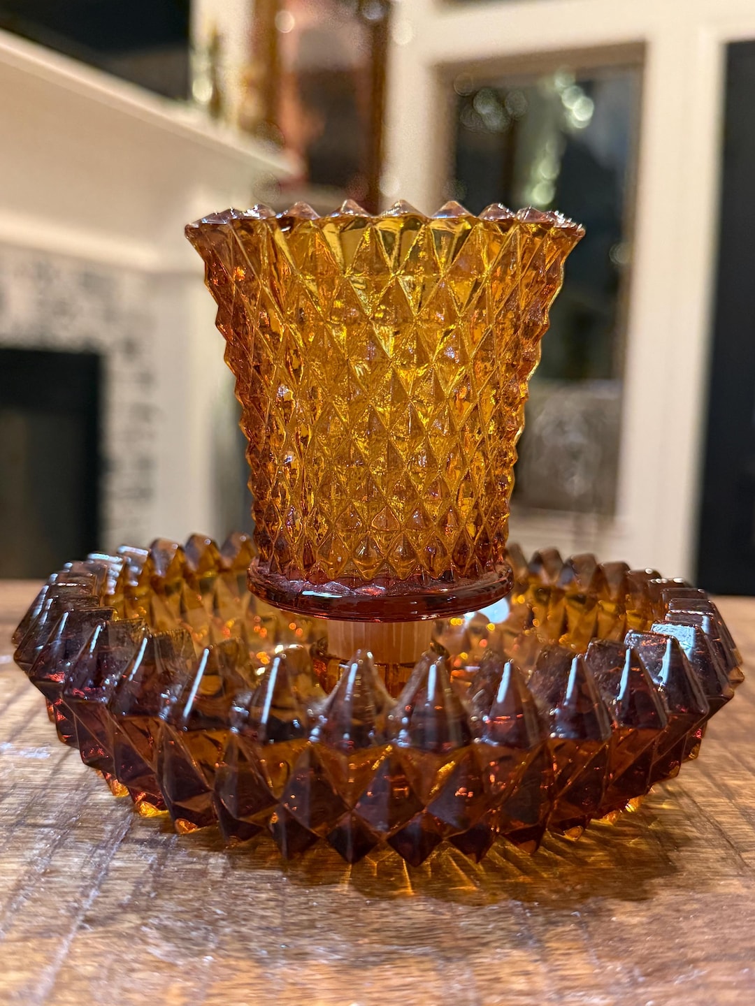 Vintage Indiana Glass Amber Diamond Point Candle Holder With Votive Cup ...