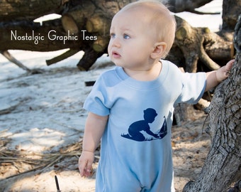 Little Sailor Short Sleeved Romper Nostalgic Graphic Tee, Sky with Navy