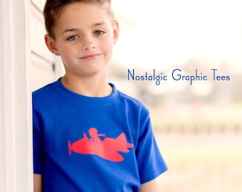 WAREHOUSE SALE Jet Set Short Sleeved Crew by Nostalgic Graphic Tees in Royal with Red