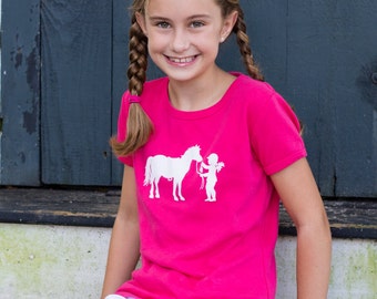 Little Equestrian Nostalgic Graphic Tee in Short Sleeves - Hot Pink with White