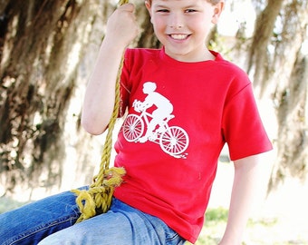 Bicycling Boy Nostalgic Graphic Tee in Short Sleeves - Red with White