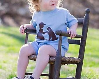 Boy with a Boykin Short Sleeved Romper by Nostalgic Graphic Tees in Sky with Chocolate Brown