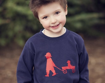 Boy with a Wagon Nostalgic Graphic Tee Shirt in Long Sleeves - Navy with Red FREE SHIPPING