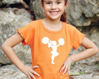 Little Cheerleader Nostalgic Graphic Tee in Short Lettuce Sleeves and Hem - Orange with White