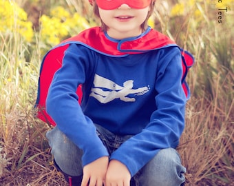 Super Hero Long Sleeved Nostalgic Graphic Tee in Royal Blue with Silver Sparkle Ink Free Shipping