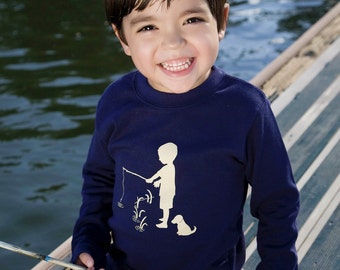 Boys Nostalgic Graphic Tee Shirt in Long Sleeves - Fisherman in Navy with Khaki