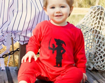 Buccaneer Boy Long Sleeved Nostalgic Graphic Tee Romper in Red with Black FREE SHIPPING