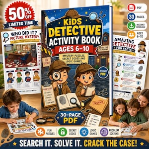 Könnte beinhalten: Ein digitales Detektiv-Aktivitätsbuch für Kinder als PDF mit einem Cover, das zwei Zeichentrick-Detektive, eine Lupe und ein Notizbuch zeigt. Der Text lautet Kids Detective Activity Book Ages 6-10, Mystery Puzzles, Secret Codes and Logic Games.