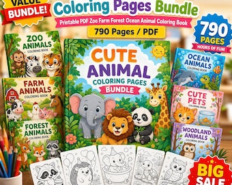 Animal Coloring Pages Bundle, Zoo Farm Forest Ocean PDF Download
