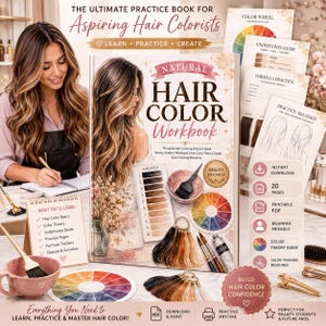 May include: A Natural Hair Color Workbook featuring an illustration of a person with long hair, a hair level chart, a color wheel, and hair dye brushes. The cover includes text such as The Ultimate Practice Book for Aspiring Hair Colorists.