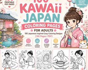 Kawaii Coloring Pages for Adults, 100 Japanese Inspired Cozy Coloring Designs