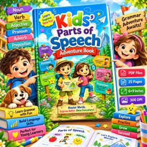May include: A Kids' Parts of Speech Adventure Book with a blue cover featuring cartoon children, a puppy, and educational text. The book is 6x9 inches and includes 25 pages of grammar content, with additional stacks of colourful books and signs.