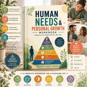 May include: A workbook titled Human Needs & Personal Growth featuring a pyramid diagram of needs. The cover displays text including Understand Your Needs. Build Your Best Life. Reflect, Grow, Thrive. It lists 35 pages, 6 x 9 inches, PDF, 300 DPI.